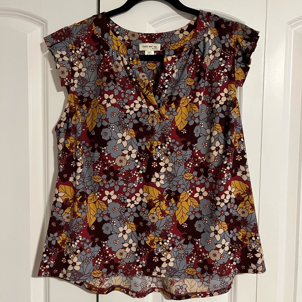 Faith & Joy cap sleeve shell blouse - purple mustard vintage floral
